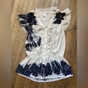 Guess Cream and Black Floral Button-Front Peplum Top